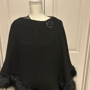 JM Collection Black Bouclé Poncho with Faux Fur Trim and Brooch